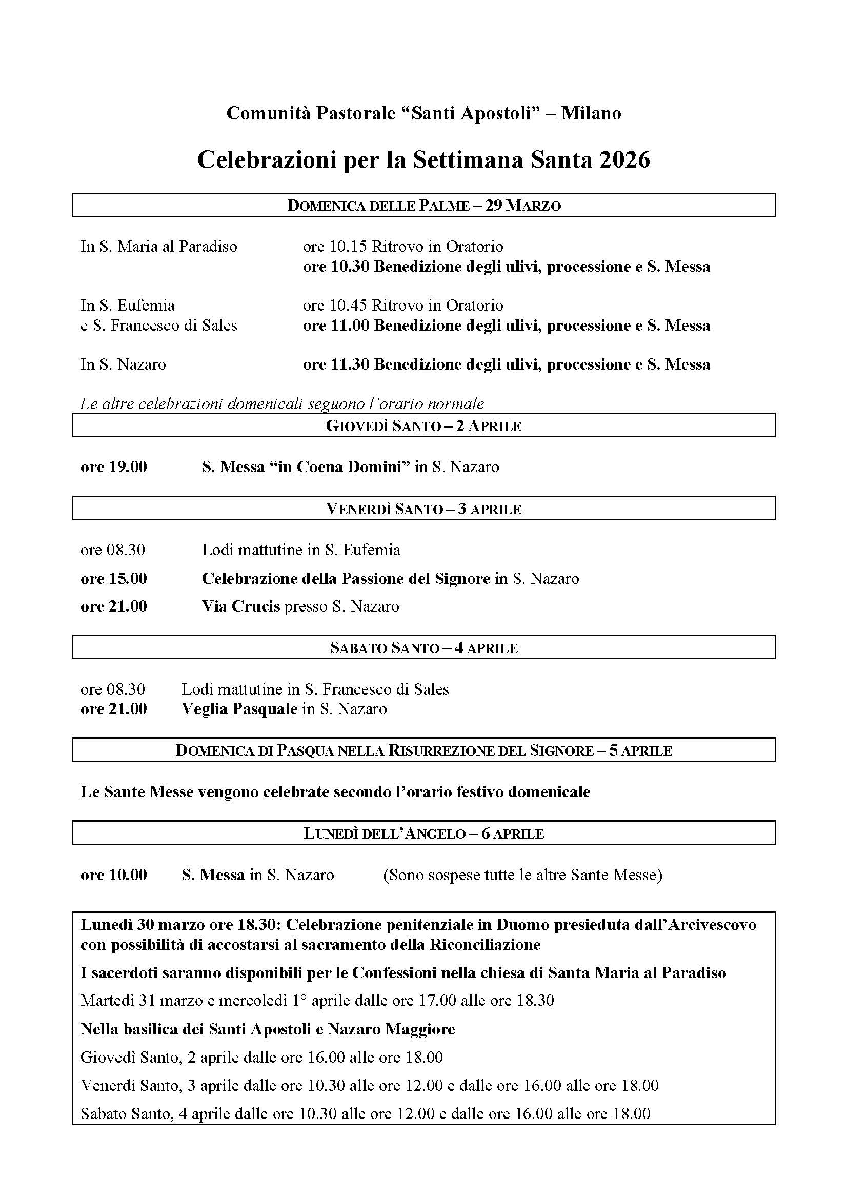 Celebrazioni Settimana Santa 2026 parroco